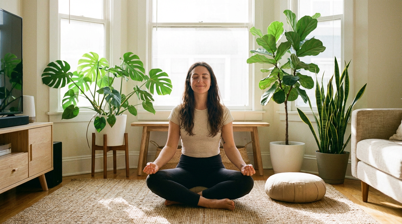 Person sitting cross-legged meditating with eyes closed